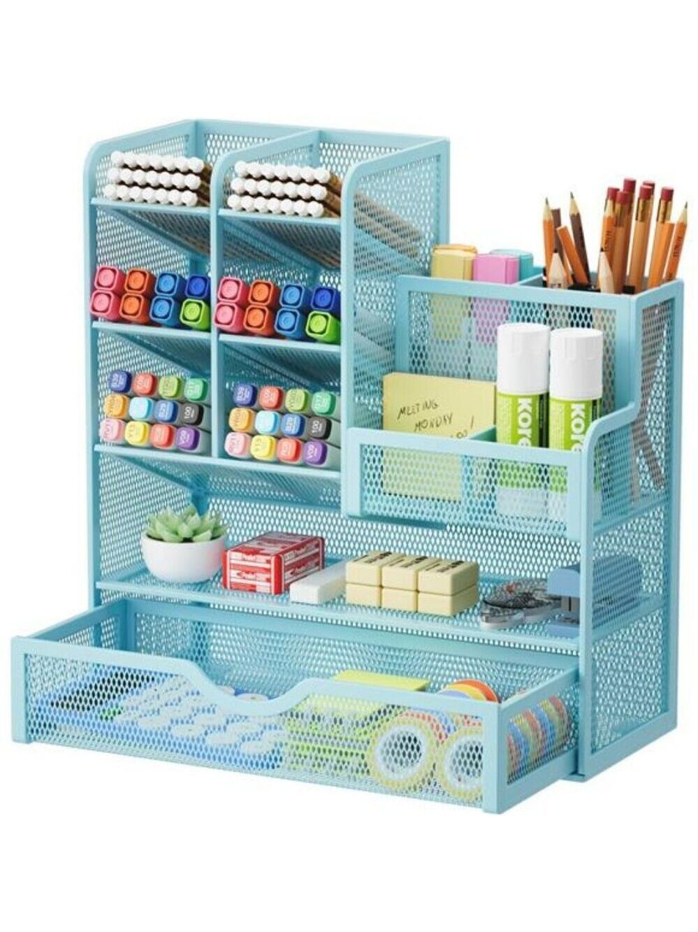 Mesh Desk Organizer Pen Holder with Drawer Office Supply Storage Caddy Blue